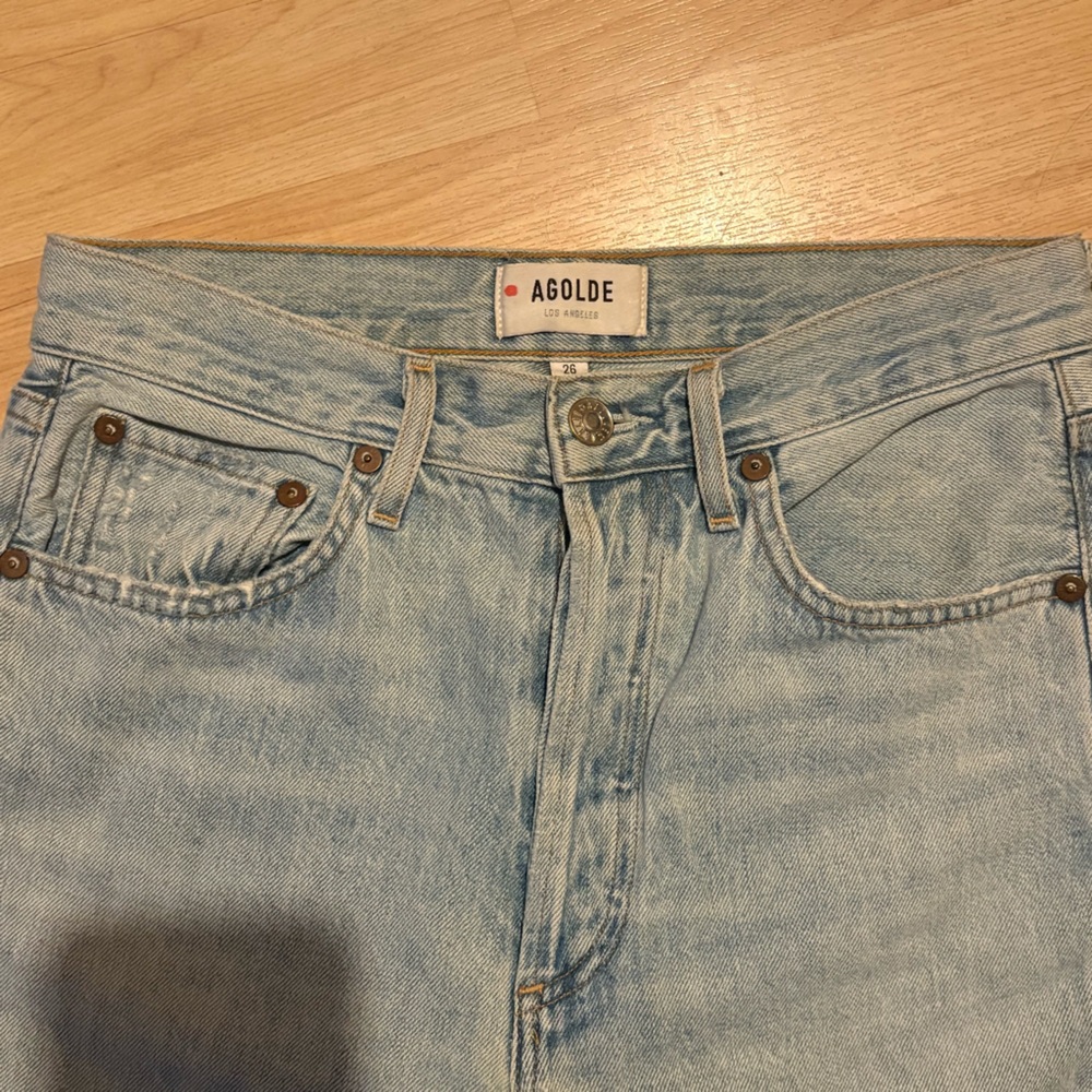 Agolde Sz 26 Riley Jeans High Rise Straight Crop Distressed Shatter Light Blue - Picture 3 of 7